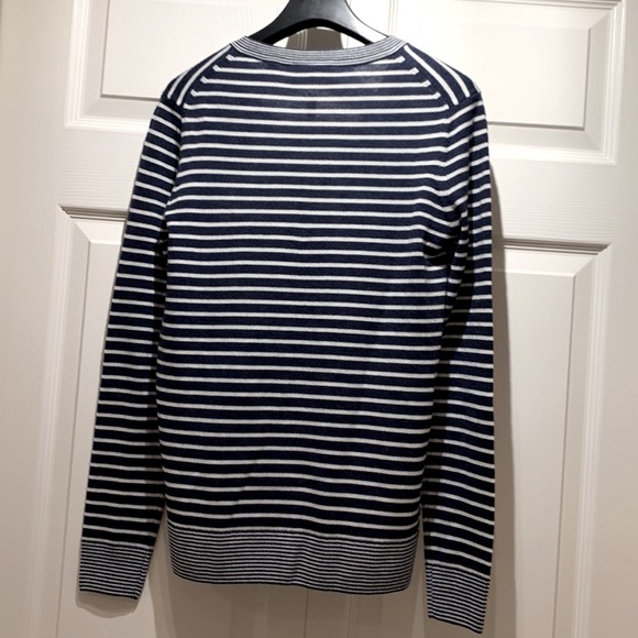 New Lacoste women V-neck wool blend striped sweater in navy blue & white size 36 - Picture 4 of 12